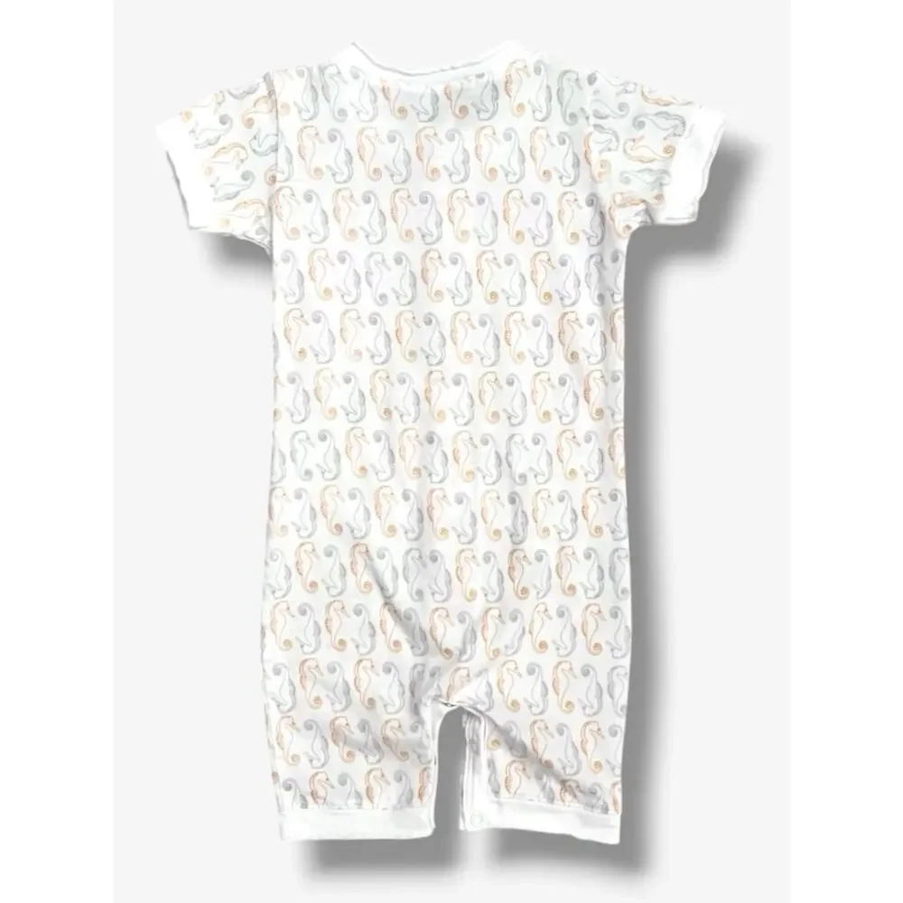 🦋3/$30 Feather Baby Romper Boys 3-6M White Seahorse Pima Cotton Henley Snap